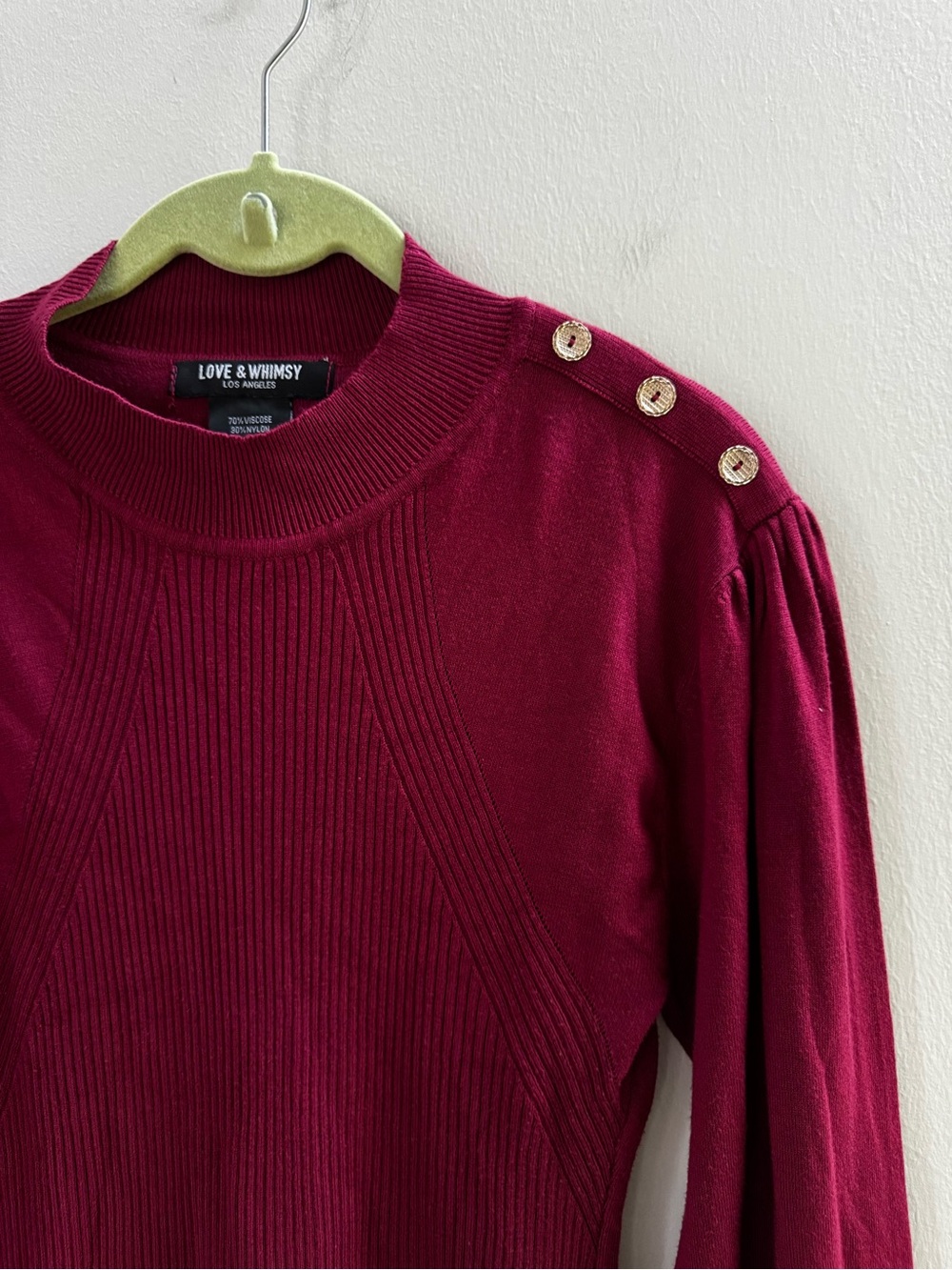 Love & Whimsy Burgundy Wine Red Long Sleeve Fitted Sweater Fall Jewel Gold Large